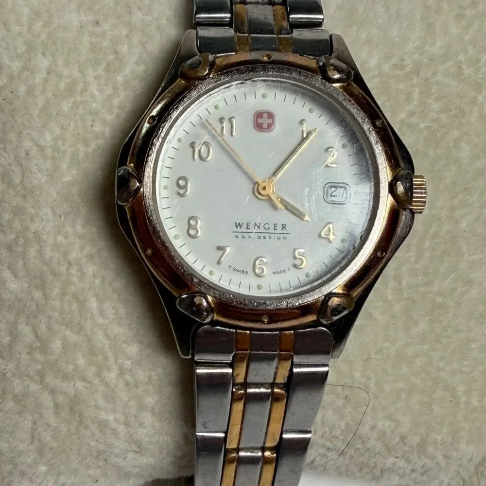 Wenger Swiss Made Quartz Watch Two Tone Date White Dial AS IS Parts Repair NR